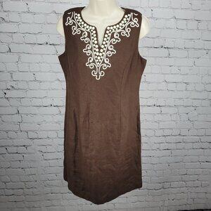 Talbots Brown 100% Linen Rhinestone Sleeveless Cotton Lined Sheath Dress 6P